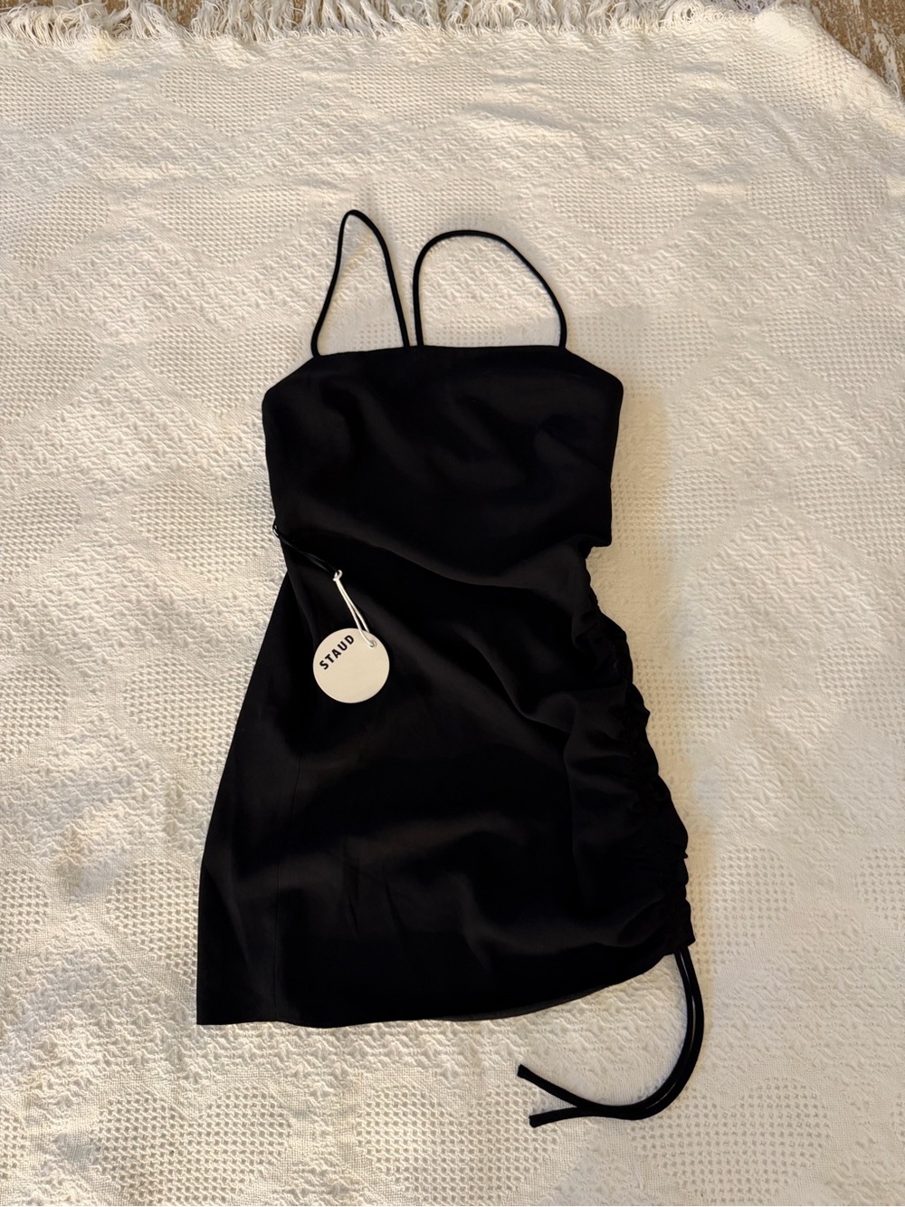 STAUD Black Ruched Mini Slip Dress